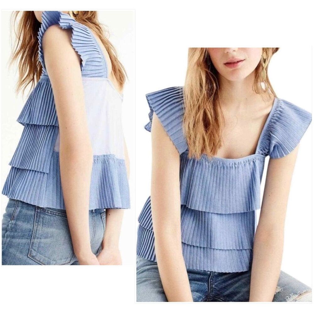 J. Crew Pleated Tiered Ruffle Tank Top/Cami in Chambray Blue